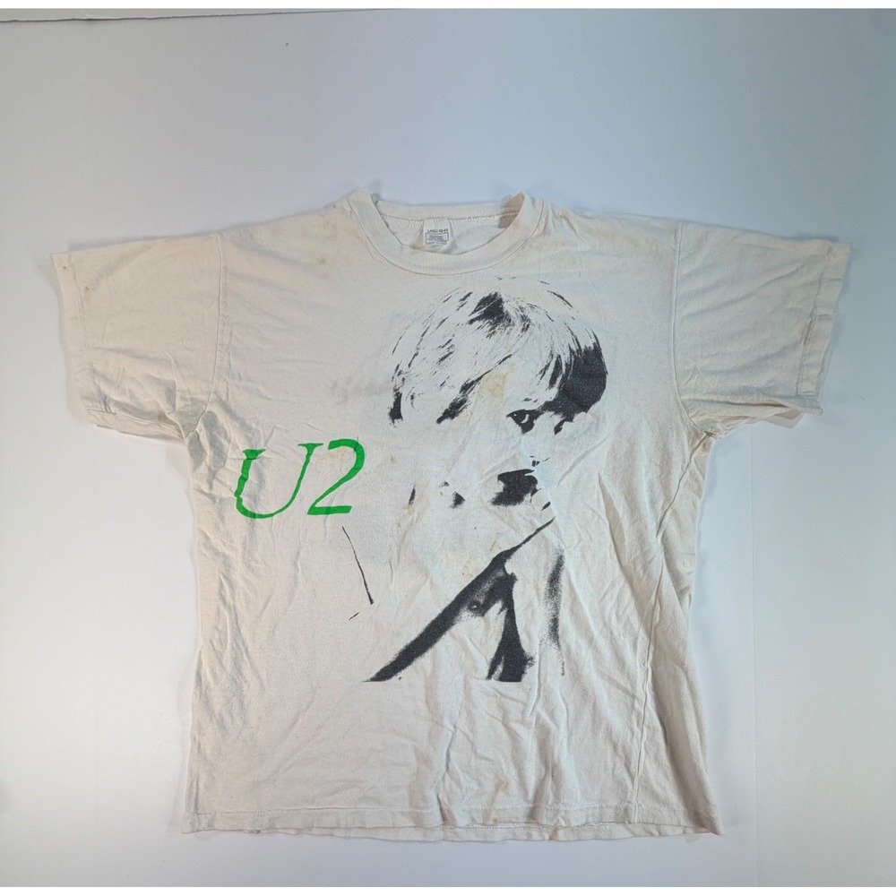 Vintage 80s U2 Band T-Shirt Single Stitch Bono Graphic White Large Made in Italy